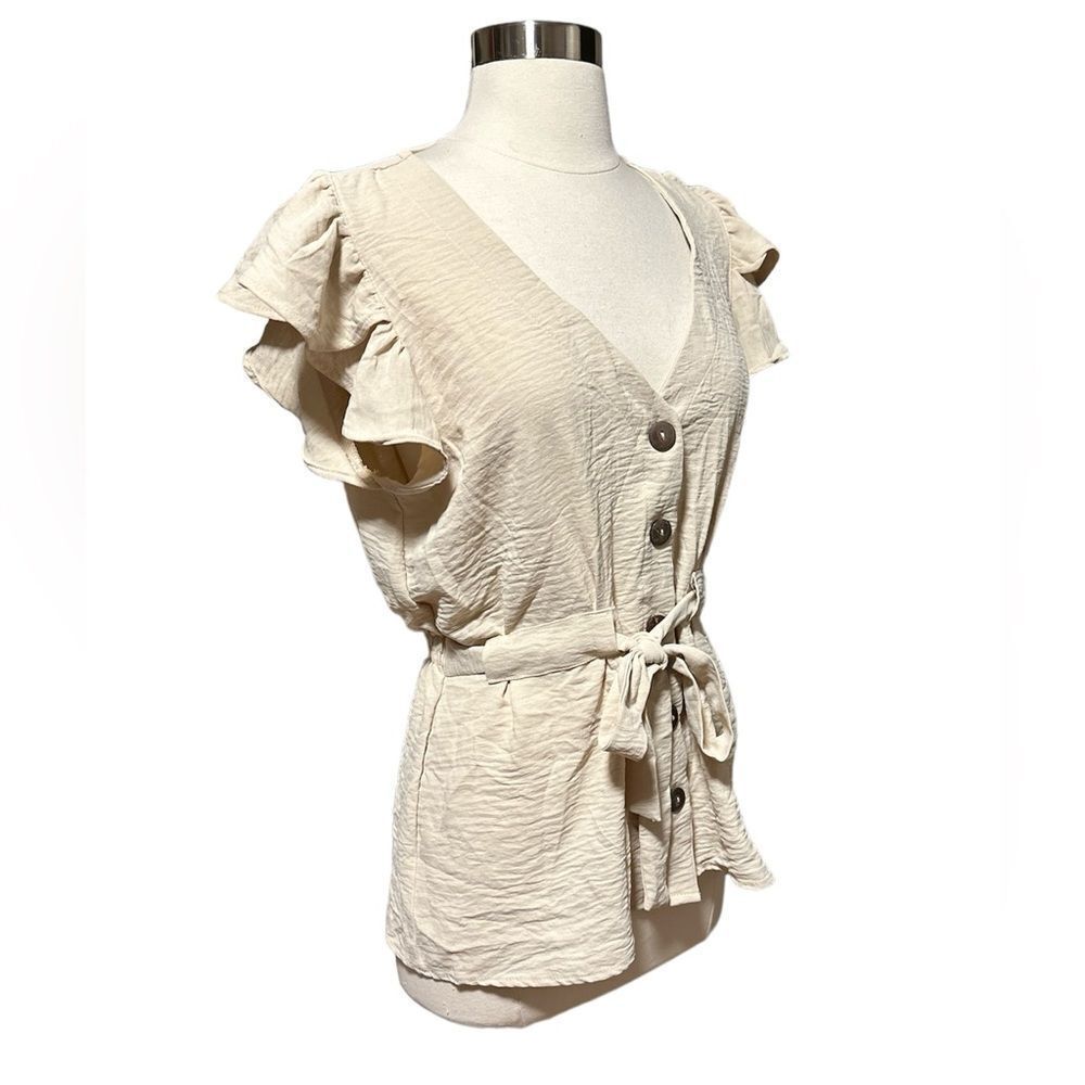L.I.F.E. Love Is For Eternity - Cream Front Tie, Button Neck Blouse Sz XL NWT - Picture 3 of 11